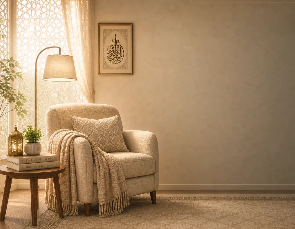 A warm, quiet reading corner with a lamp and armchair