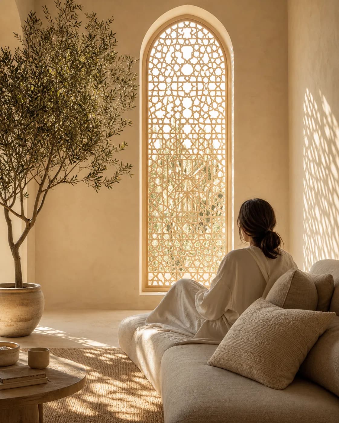 A calm, sunlit interior with an arched window overlooking an olive tree