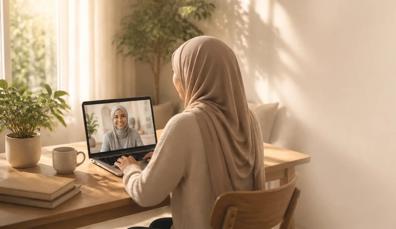 A member speaking with her counsellor over a private video session