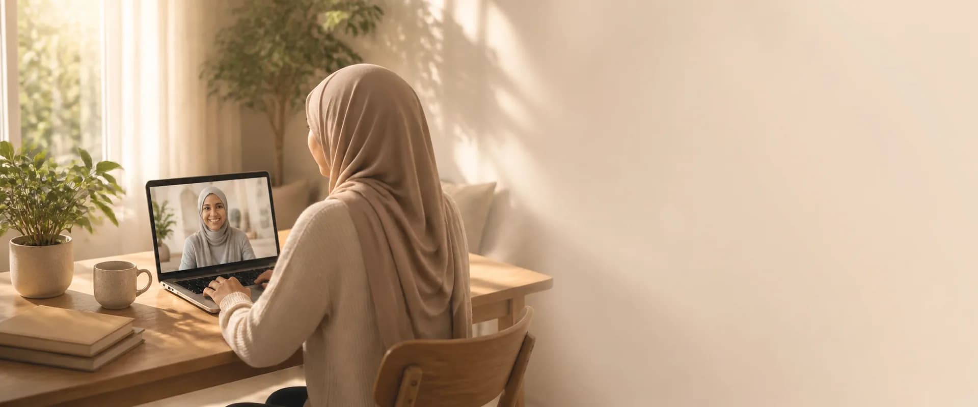 A member speaking with her counsellor over a private video session